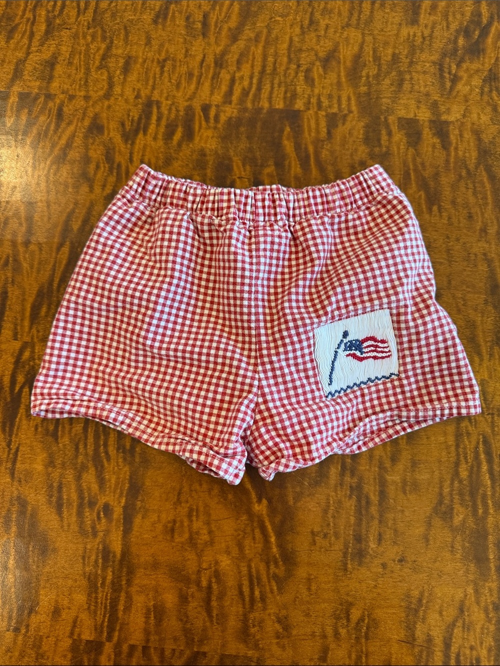 Red Gingham Women's Elastic-Waist Shorts with Flag Patch